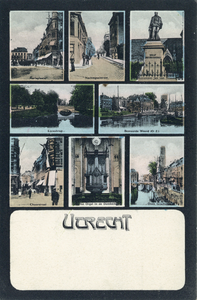 602752 Collage van gezichten te Utrecht:- Mariaplaats- Nachtegaalstraat- Standbeeld Jan van Nassau- Lucasbrug- Bemuurde ...
